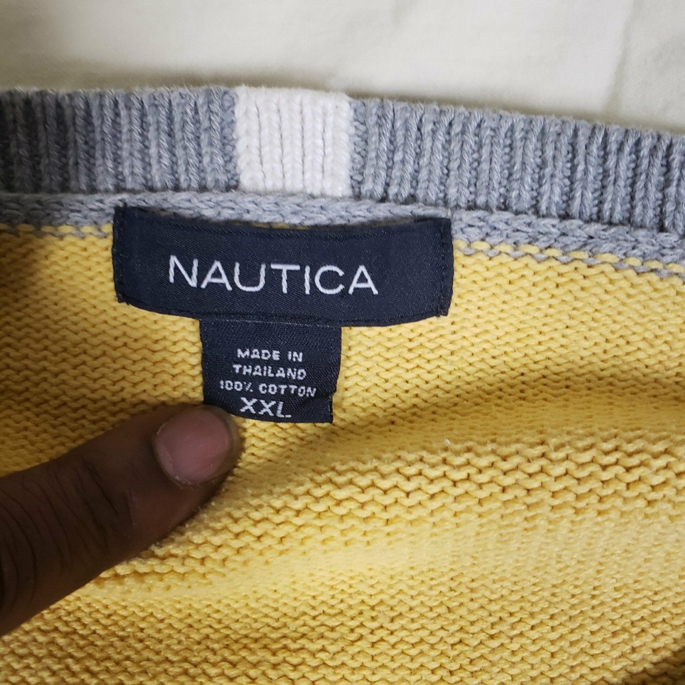 Nautica brand sweater, navy/yellow/with gray colla